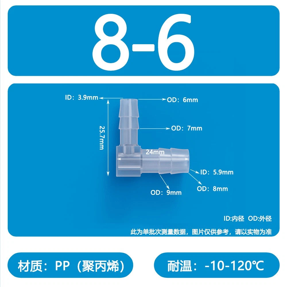 90° Elbow Plastic Barbed Joiner Reducer Connector Pipe Tube Hose Water 1.6-25mm