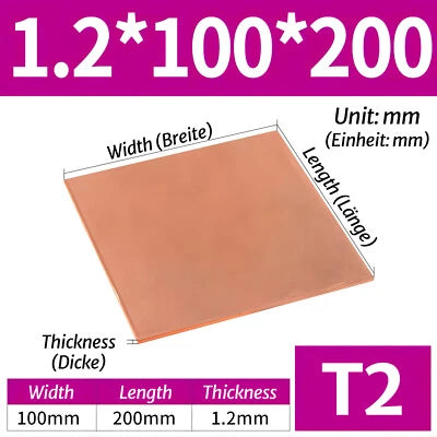T2 Pure Copper Sheet/Plate Copper Block Laser Cut Many Sizes 0.3mm - 8mm Thick