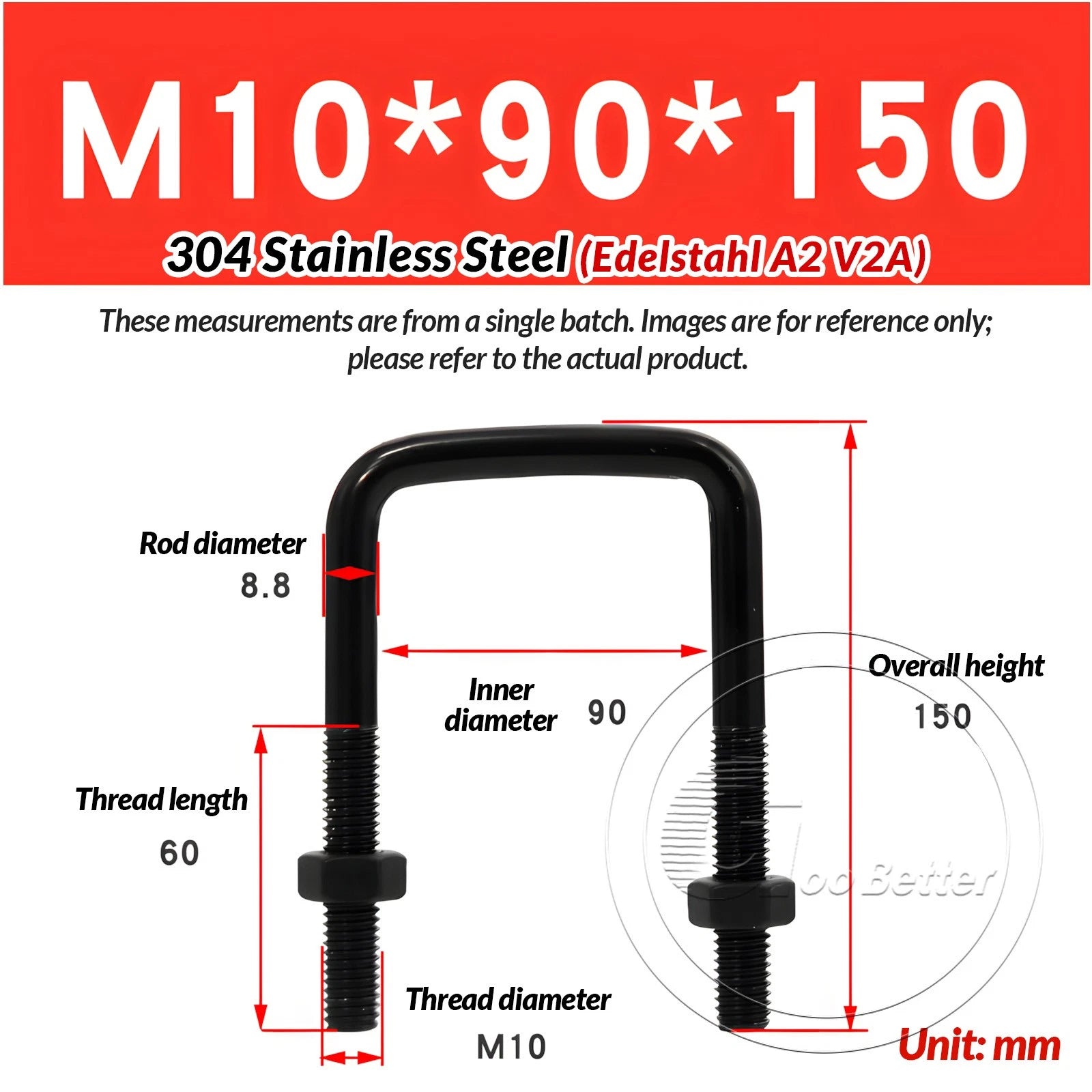 M6 M8 M10 Square U-Bolts Black 304 Stainless Steel with Nuts For Boat Trailer