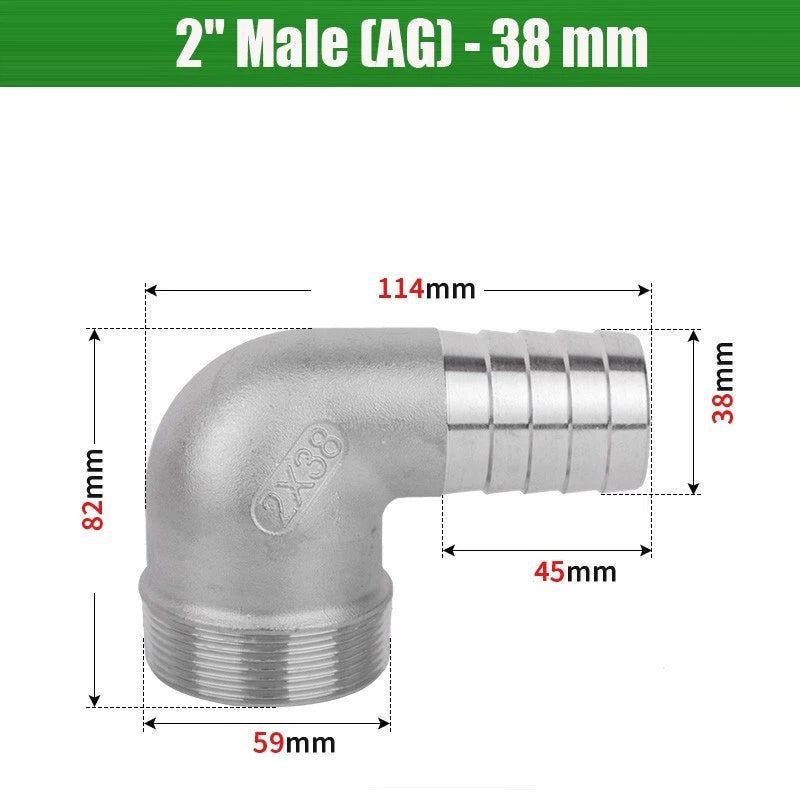 BSP Male Elbow Barbed Hose Connector — Stainless Steel, 1/8" to 1/2", 6–16mm