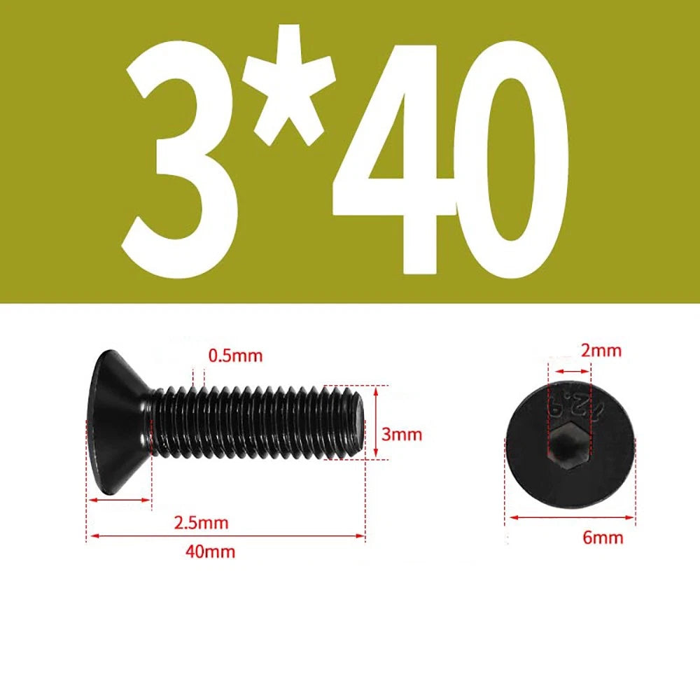 M1.6–M3 Countersunk Socket Head Screws – 12.9 Grade Carbon Steel, Flat Head, Fully Threaded (3–50mm Overall Length)