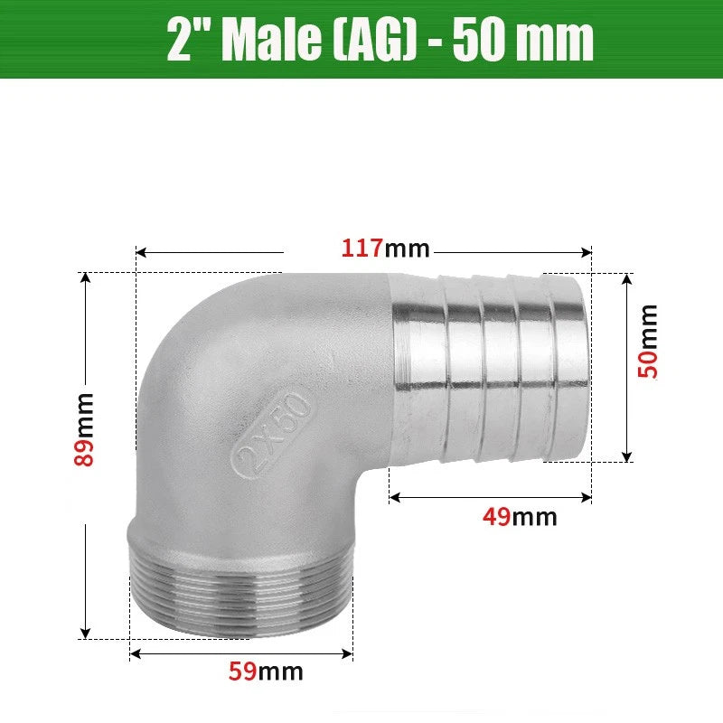 BSP Male Elbow Barbed Hose Connector — Stainless Steel, 1/8" to 1/2", 6–16mm