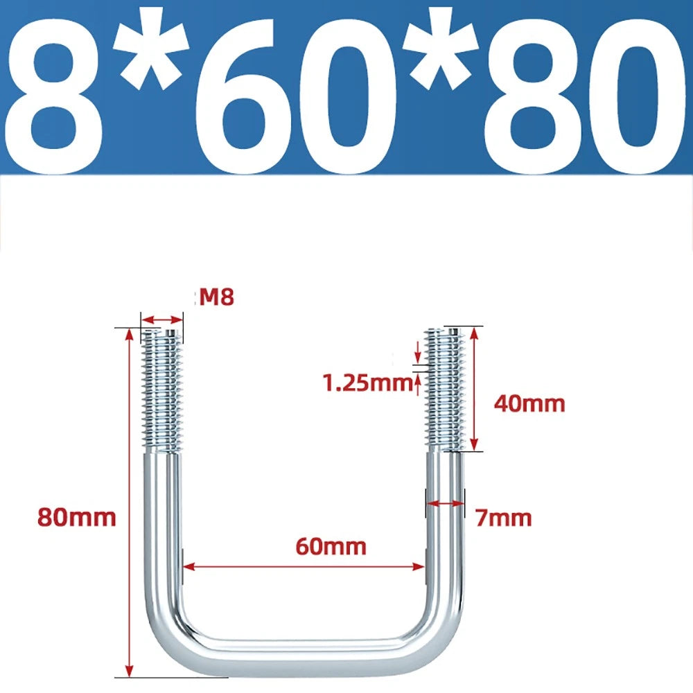 Square U-Bolts Galvanized Carbon Steel Fixing Clamp Bolt M6 M8 M10 M12 M14 M16