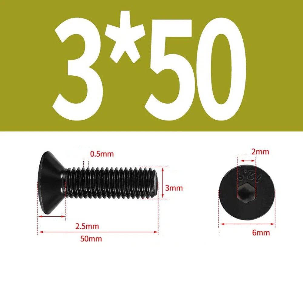 M1.6–M3 Countersunk Socket Head Screws – 12.9 Grade Carbon Steel, Flat Head, Fully Threaded (3–50mm Overall Length)