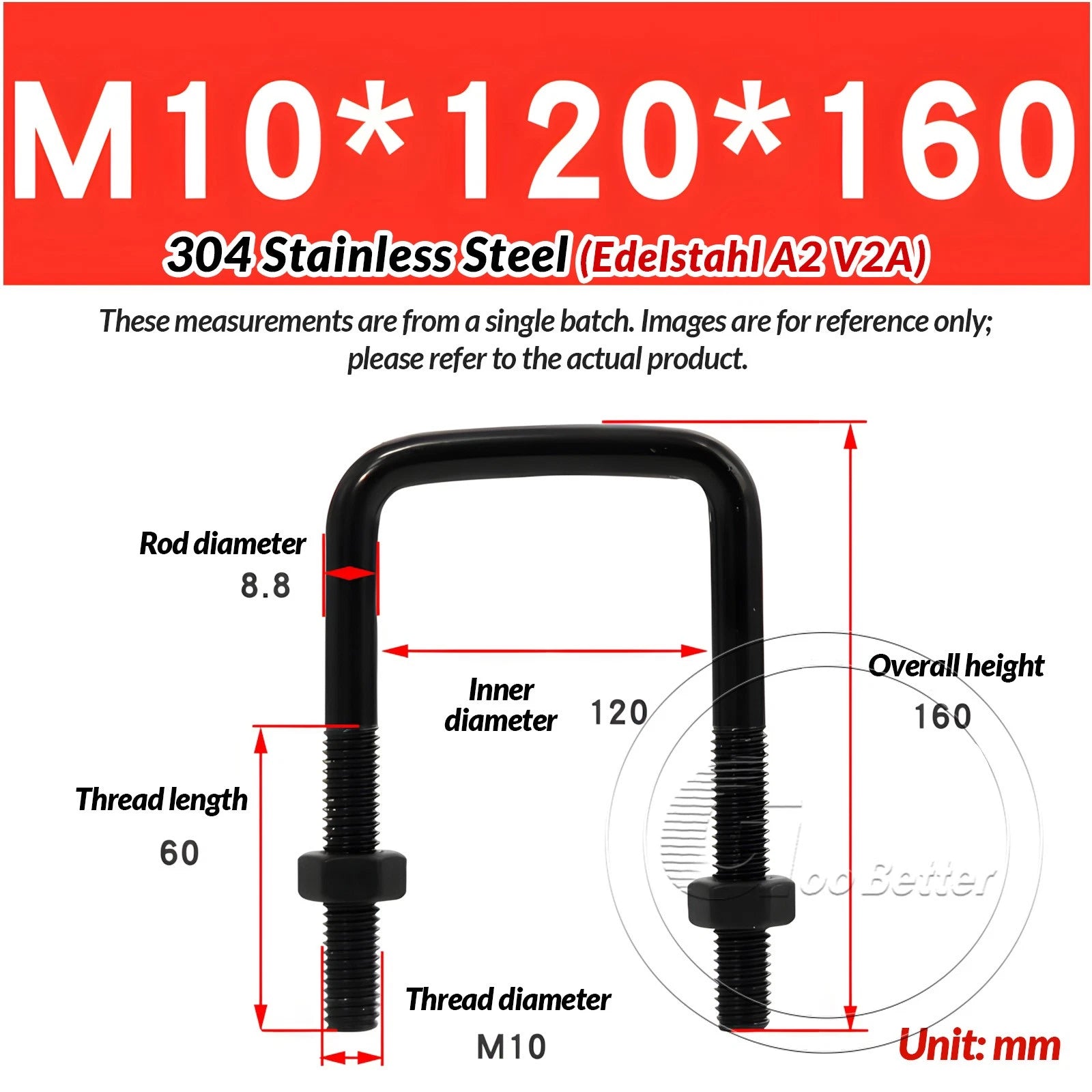 M6 M8 M10 Square U-Bolts Black 304 Stainless Steel with Nuts For Boat Trailer