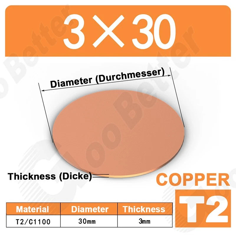 Solid Pure Copper Discs Blank Metal Round Sheet Plate Thick 0.5-3mm Dia 20-100mm
