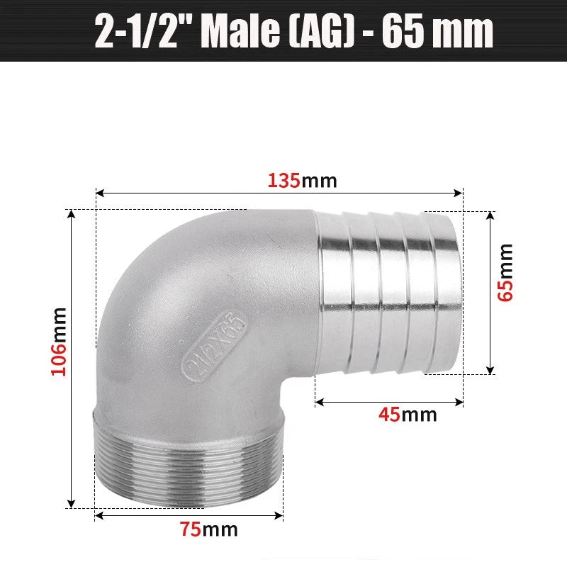 BSP Male Elbow Barbed Hose Connector — Stainless Steel, 1/8" to 1/2", 6–16mm