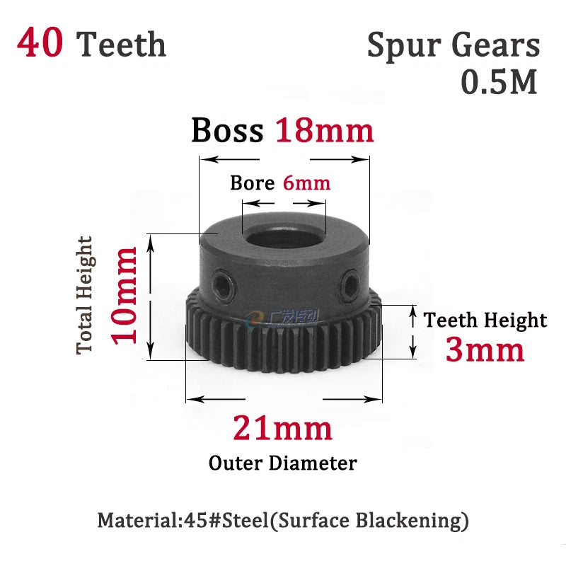 0.5 Mod 40T Spur Gears Steel Pinion Gears Metal Spur Transmission Gear 45 Steel