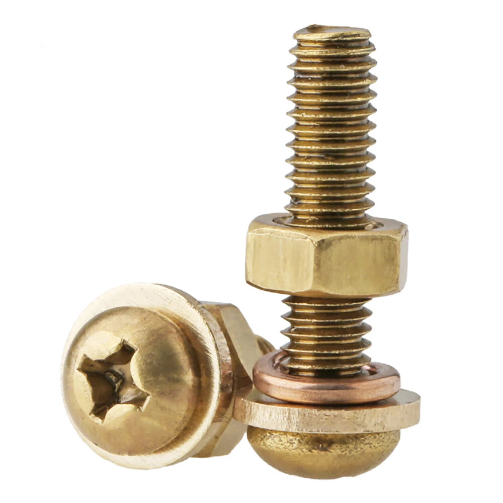 Brass Pan Head Phillips Machine Screws with Nuts & Washers M3 M4 M5 M6 M8 — 4mm to 60mm, Packs of 1–50