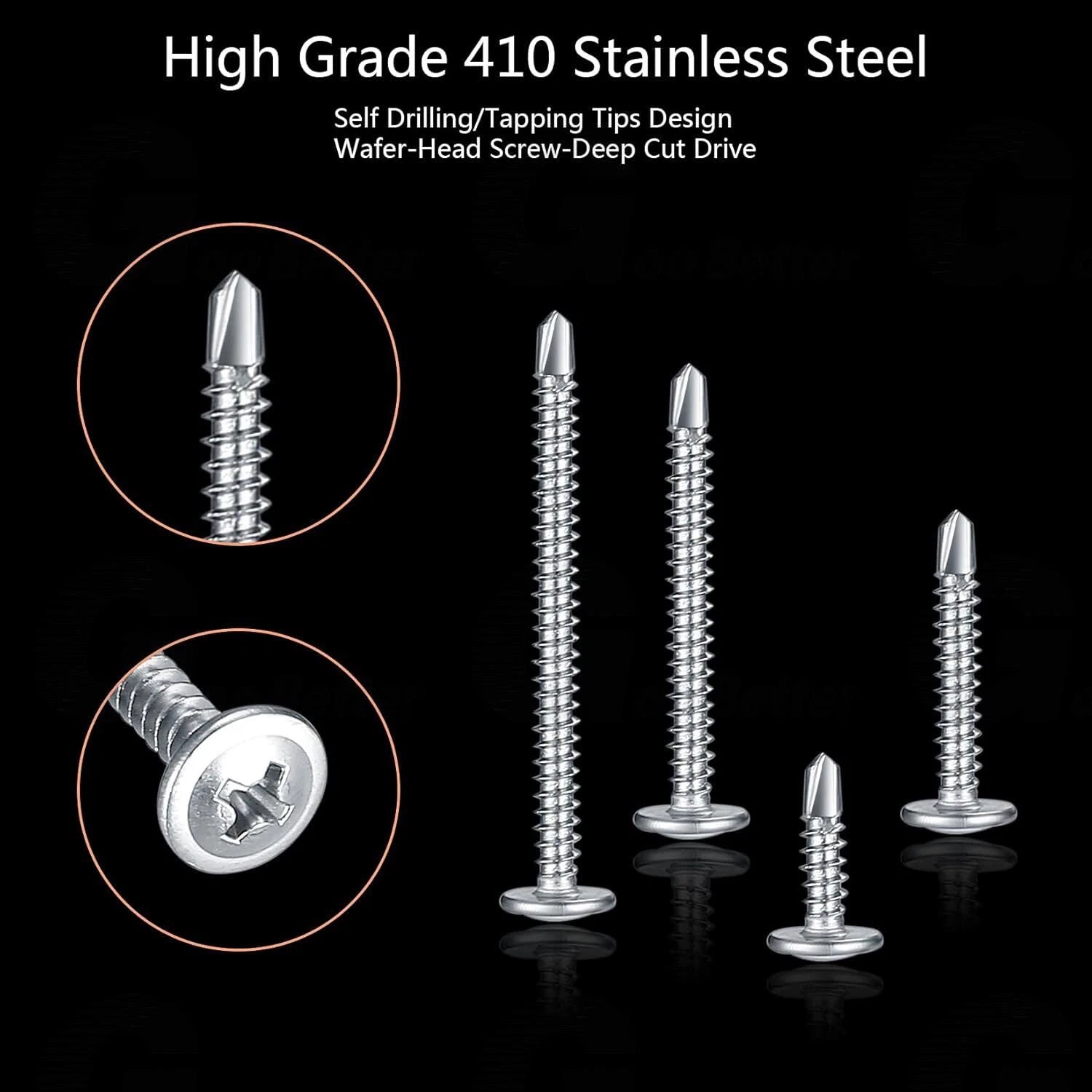 190pcs #8 Wafer Head Self Drilling Screws – 410 Stainless Steel, 1/2″ 5/8″ 3/4″ 1″ 1-1/4″