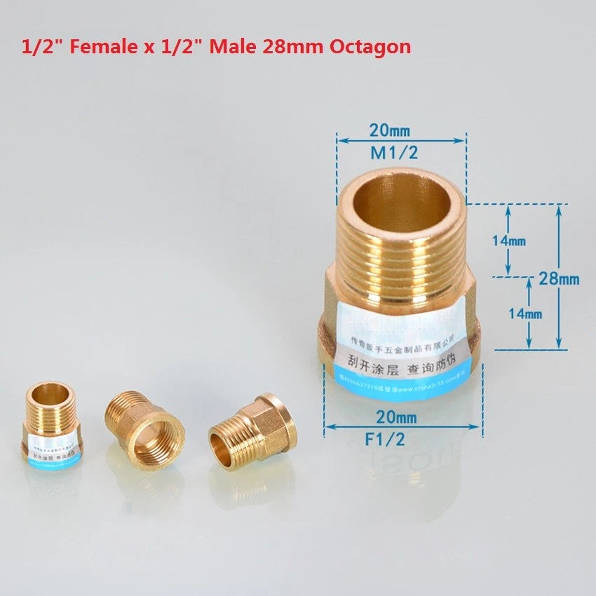 BSP Brass Pipe Adapter — Female to Male Thread, Hex & Octagon Body, Multiple Sizes