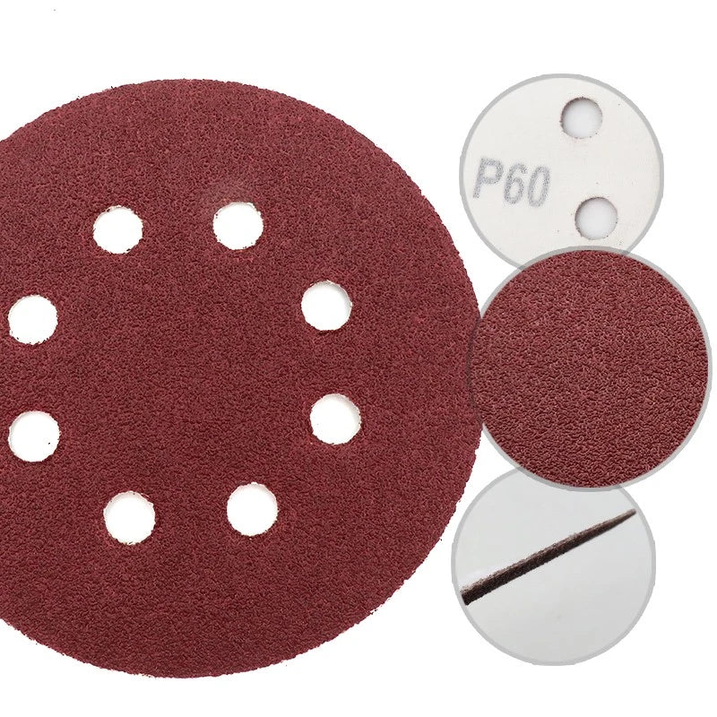 125mm 225mm Red Sanding Discs Hook Loop Sandpaper Pads 8 Hole Grit 40 - 2000