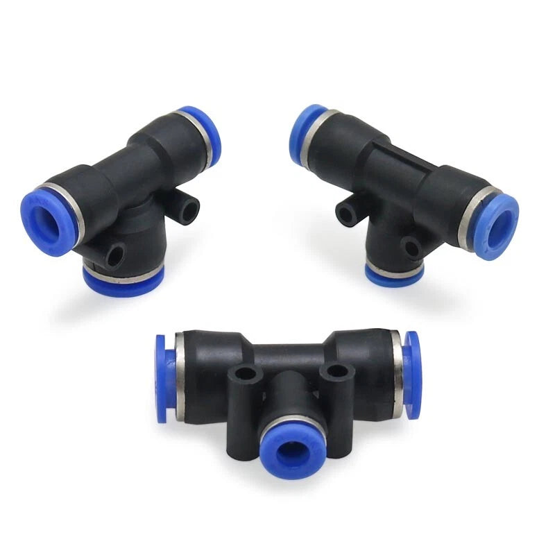 Pneumatic Push-in T-Shape 3-Way Fitting — Air Water Tube Connector PE4–PE16 & Reducing