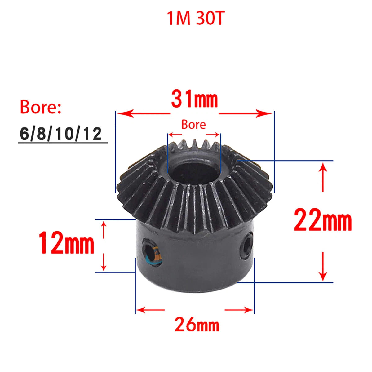 1 Mod Bevel Gear 20T/25T/30T Bore 5-12mm 90°1:1 Pairing Metal Transmission Gear