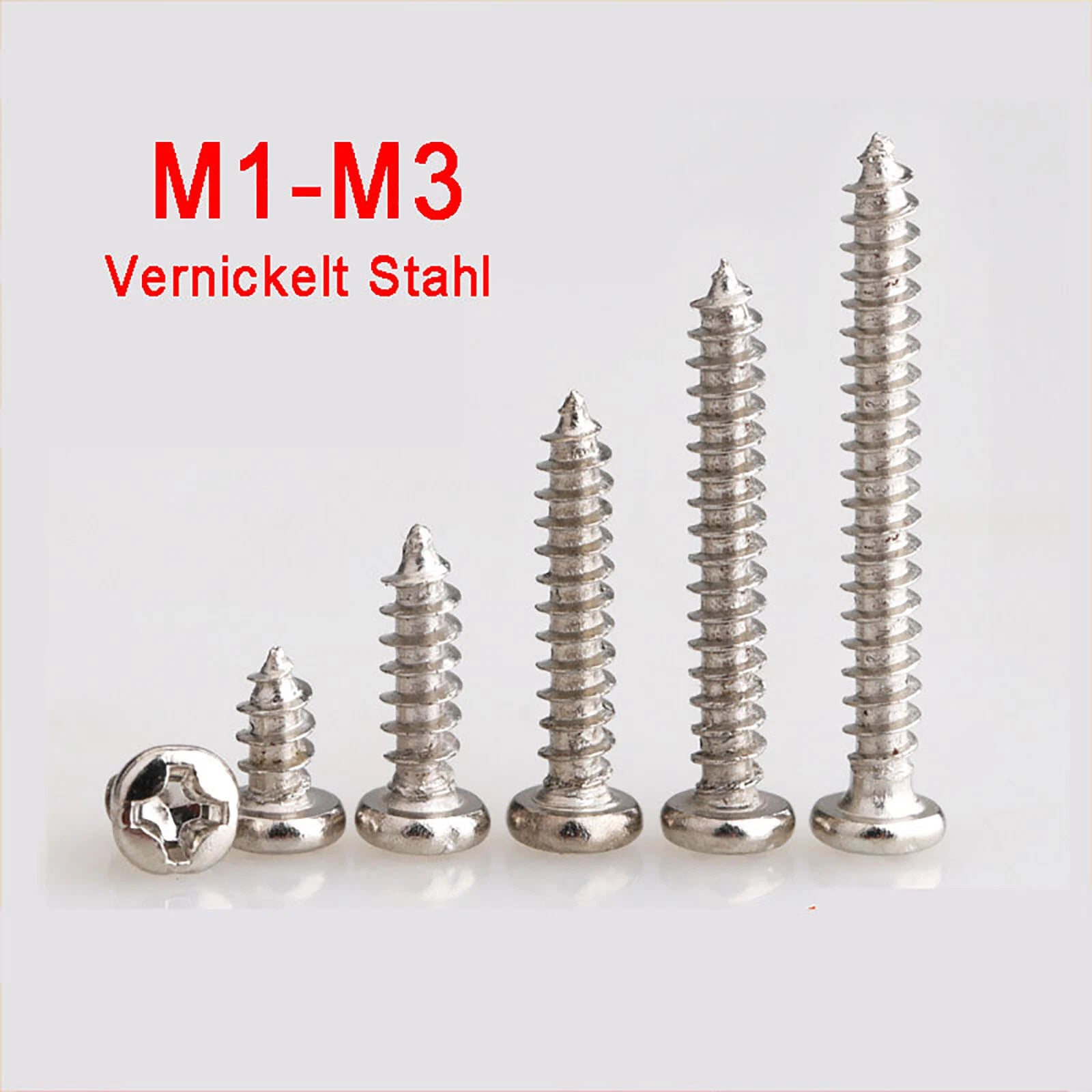M1 M1.2 M1.4 M1.7 M2 M2.3 M2.6 M3 Pan Head Self Tapping Screws – Nickel Plated Carbon Steel