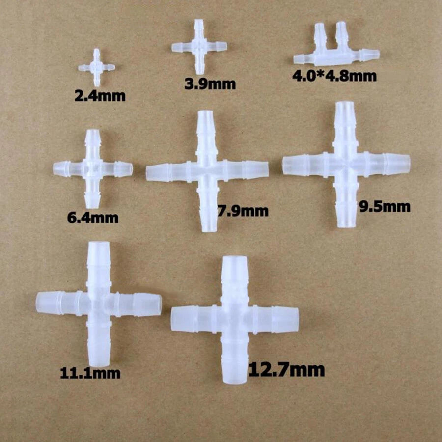 Plastic Barbed Hose Connectors — Elbow, T-Tee, Y-Tee & Cross Fittings for Aquarium & Washer Lines