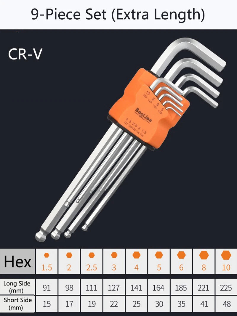 Metric Allen Key Set Hexagon Hex Ball End Wrench 9 Piece Hand Tools 1.5mm - 10mm