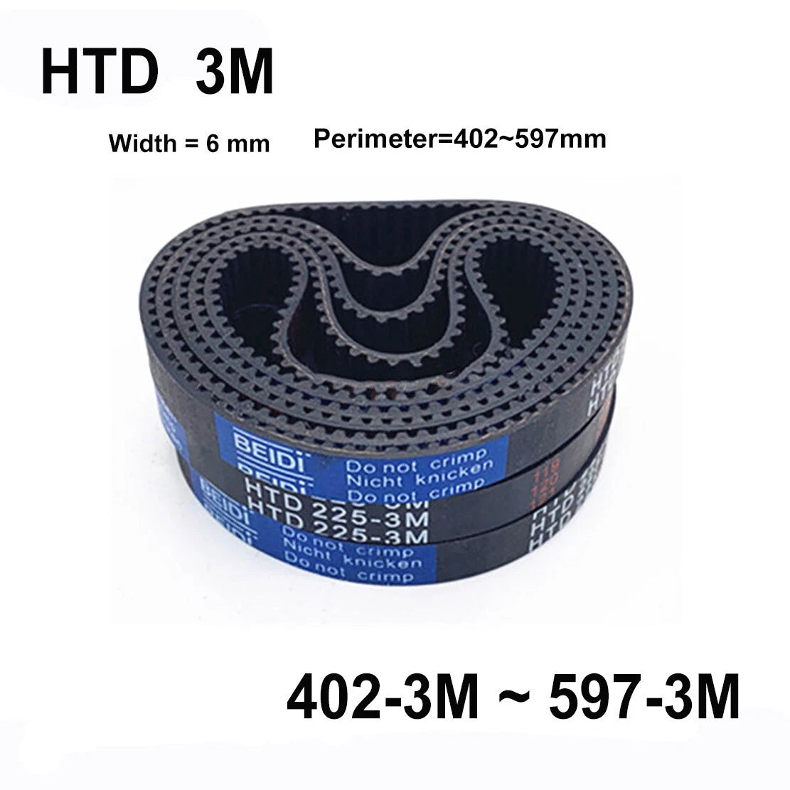 HTD 3M Timing Belt 6mm Wide, Closed Loop Synchronous Belt, L=402–597mm, Black Rubber