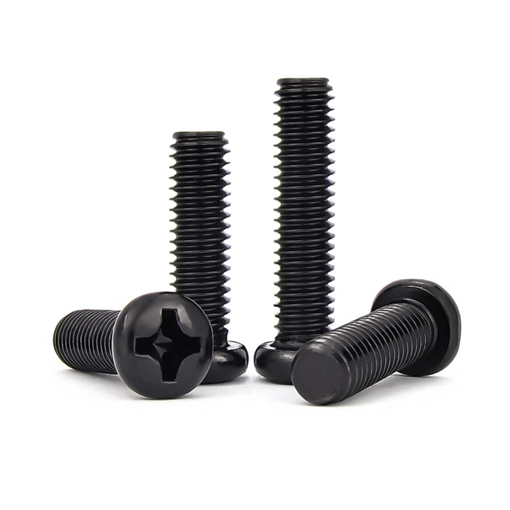 Black Phillips Pan Head Machine Screws – Carbon Steel Nickel Plated, M1 to M8 (2–50mm Lengths)