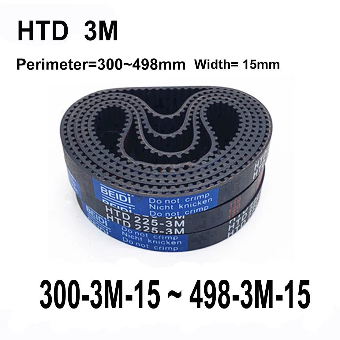HTD 3M Closed Timing Belt – 15mm Wide, 300mm–498mm Circumference, Arc Tooth Rubber Drive Belt