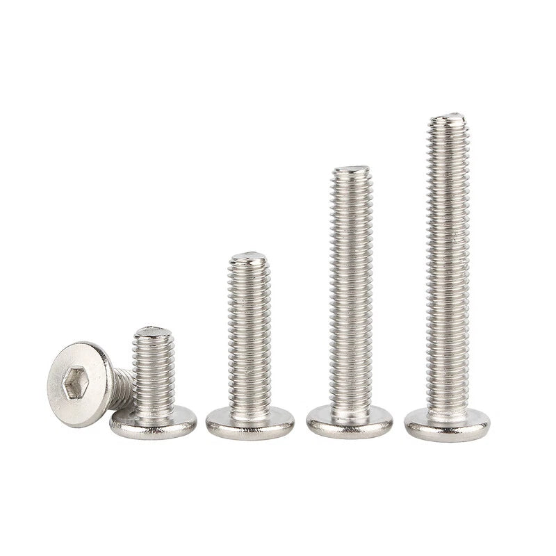 A2 Stainless Steel Hex Socket Flat Round Head Machine Screws – M2 to M8, Fully Threaded (2–90mm Lengths)