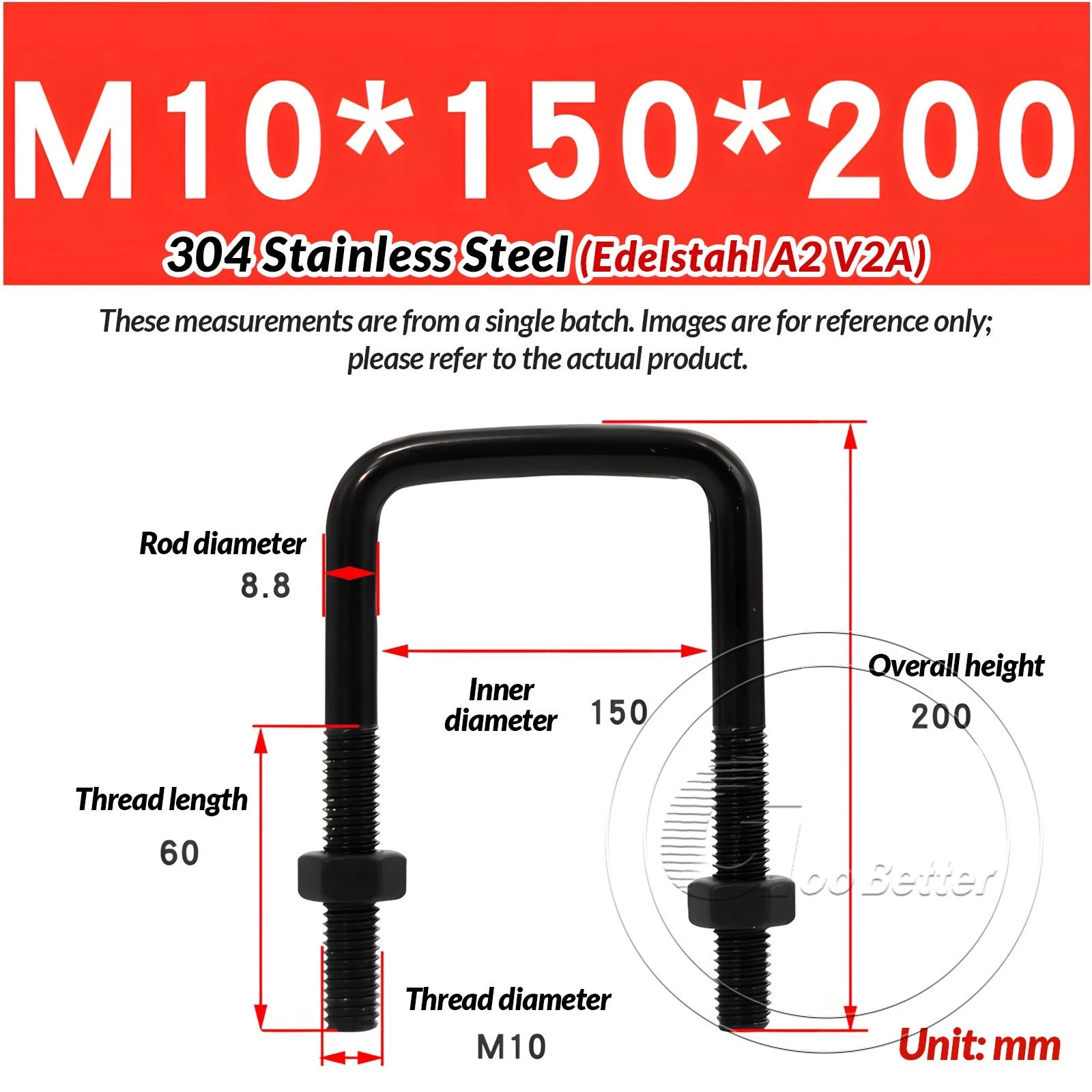 M6 M8 M10 Square U-Bolts Black 304 Stainless Steel with Nuts For Boat Trailer