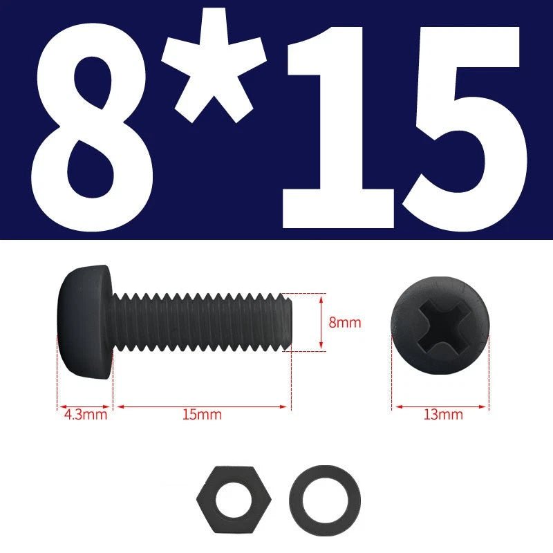 Black Nylon Phillips Machine Screws with Nuts & Washers — Metric M2 to M8 - HomeDIYer