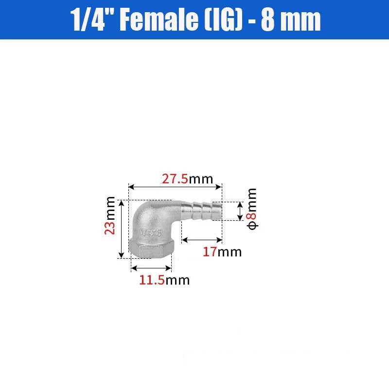 BSP Male Elbow Barbed Hose Connector — Stainless Steel, 1/8" to 1/2", 6–16mm