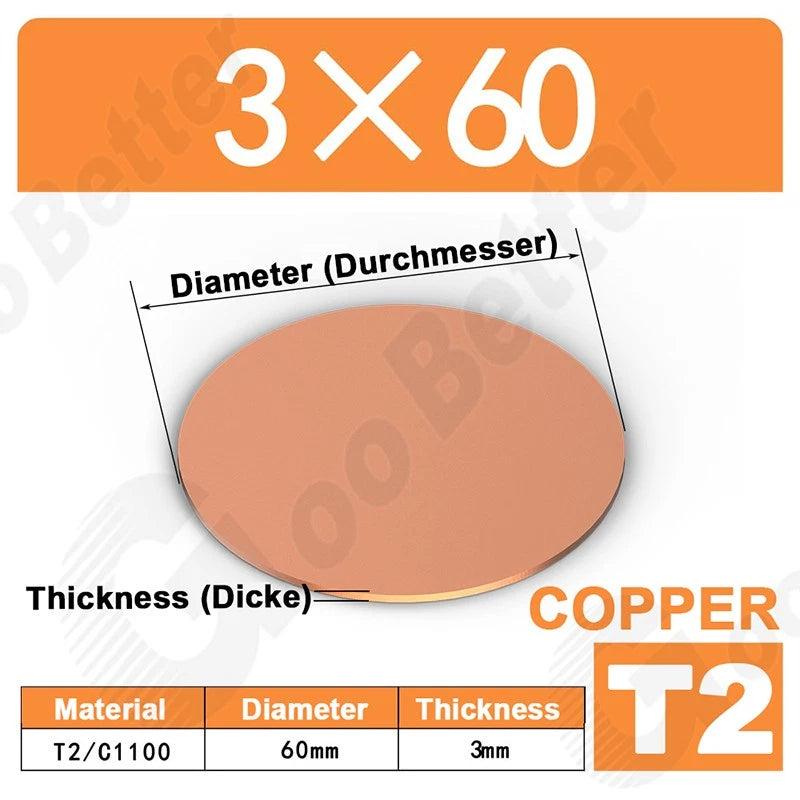 Solid Pure Copper Discs Blank Metal Round Sheet Plate Thick 0.5-3mm Dia 20-100mm