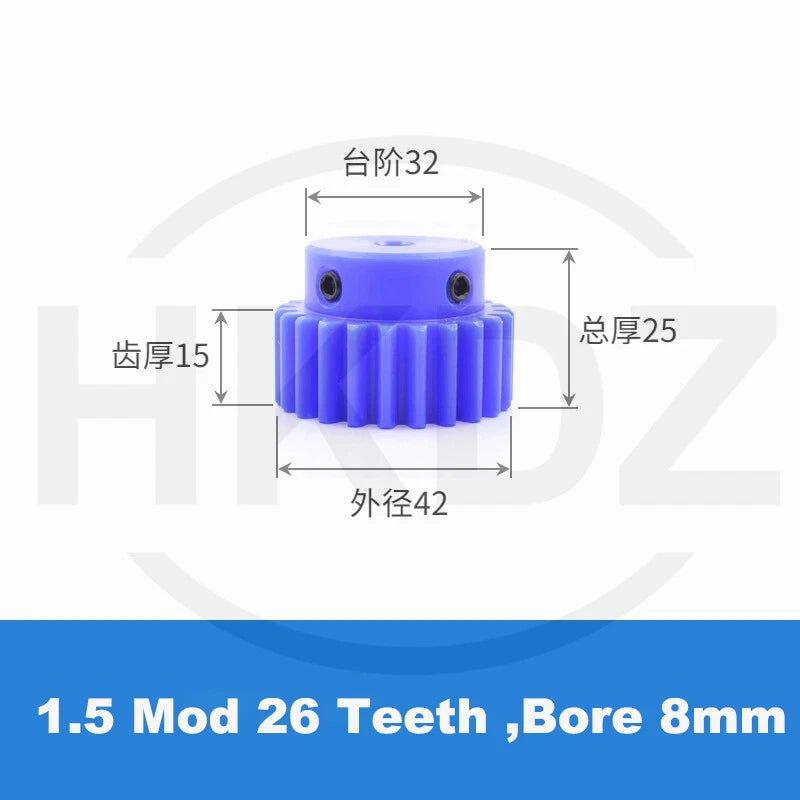 1.5 Mod Blue Nylon Spur Gear 15-60T,Bore 6-12mm Pinion Gear With Step Motor Gear