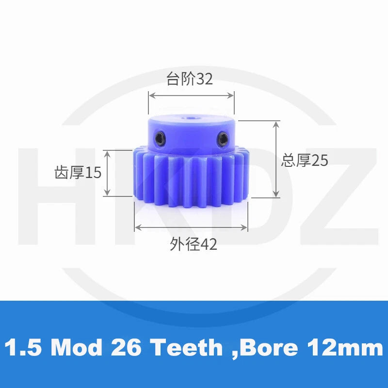 1.5 Mod Blue Nylon Spur Gear 15-60T,Bore 6-12mm Pinion Gear With Step Motor Gear
