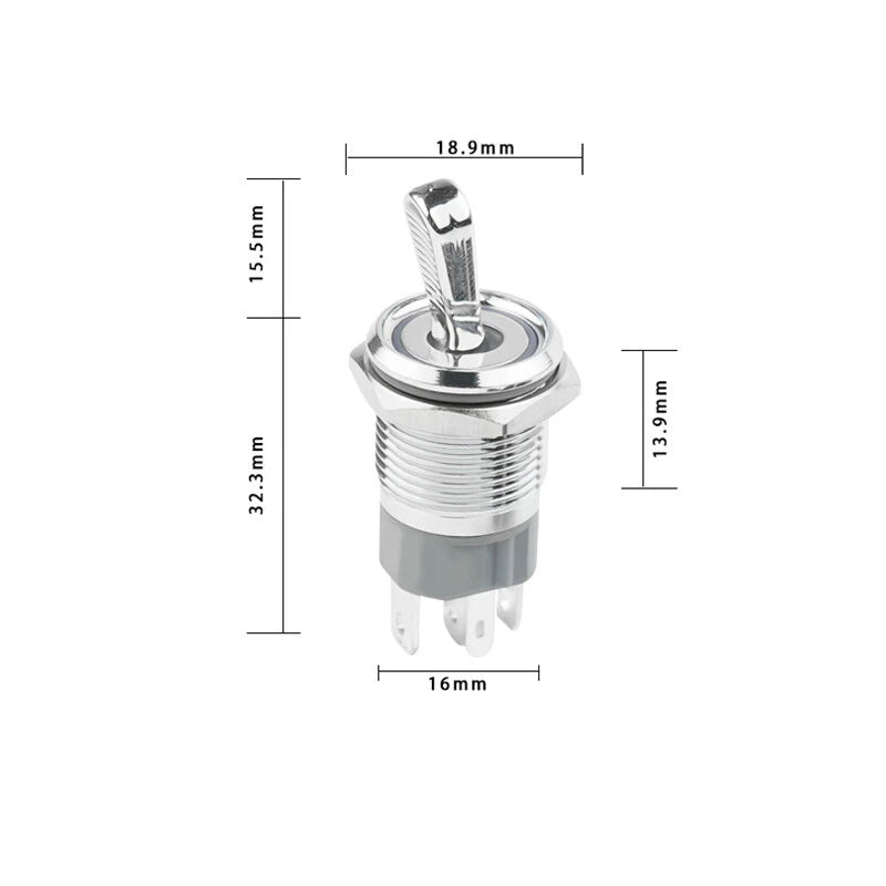 16mm Metal Toggle Switch – 15A 2-Position ON/OFF with LED Indicator, IP65 Waterproof