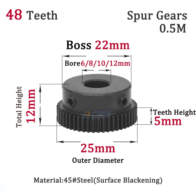 0.5M 40T-48T Spur Gears Steel Pinion Gears Metal Spur Transmission Gear 45 Steel