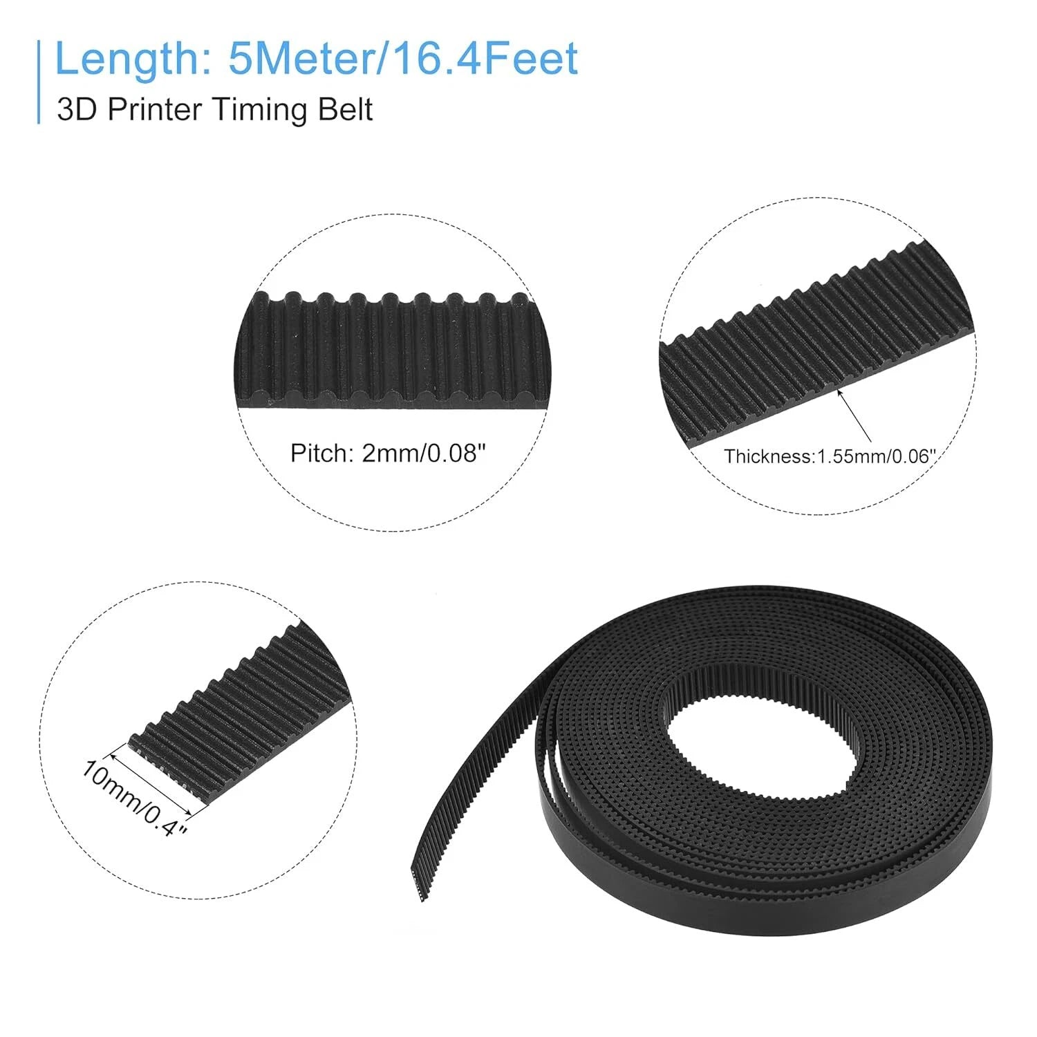 Open-End Rubber Timing Belt — 2GT S2M 3M S3M 5M S5M 8M S8M MXL XL L | Black, Cut-to-Length