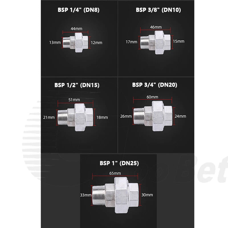 304 Stainless Steel Union BSP Male-Female Pipe Fitting Adapter — 1/4" to 2"
