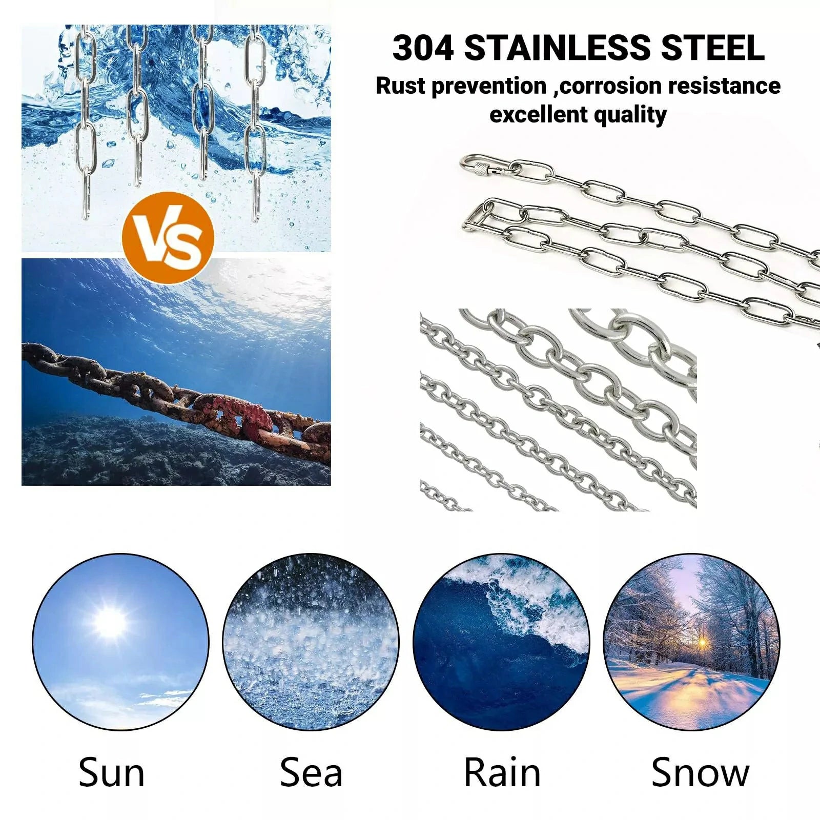 A2 Stainless Steel Chain Heavy Duty Lifting Long/Short Durable Security Links - HomeDIYer