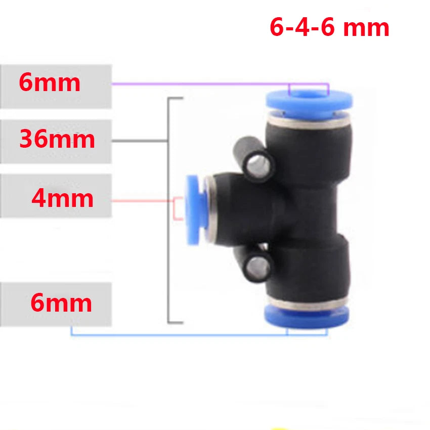 Reducer Tee Push-In Fittings for Pneumatic Air Tube — 4 to 16mm