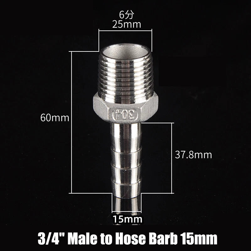 BSP Stainless Steel Male Hose Barb Fitting — 1/2" & 3/4" to Barb Connector