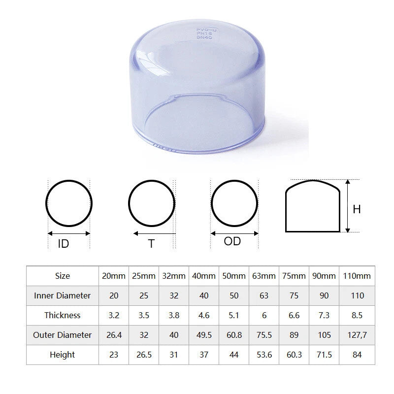 UPVC PVC Cap Pipe Fittings End Caps Corrosion resistant ID 20-110mm Clear