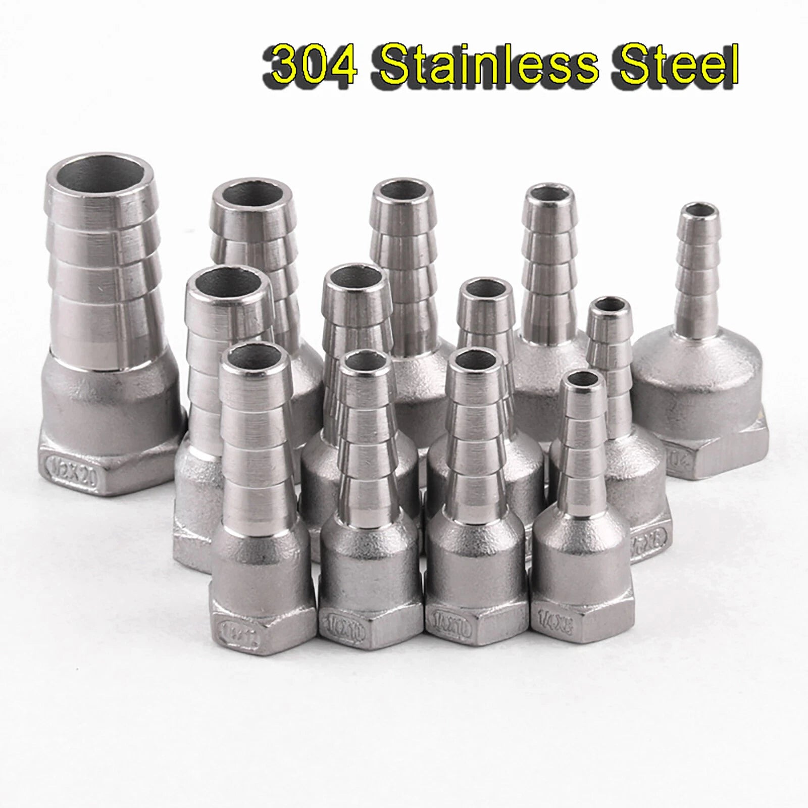 304 Stainless Steel Female NPT x Barb Hose Tail Connector — 1/4" to 1"