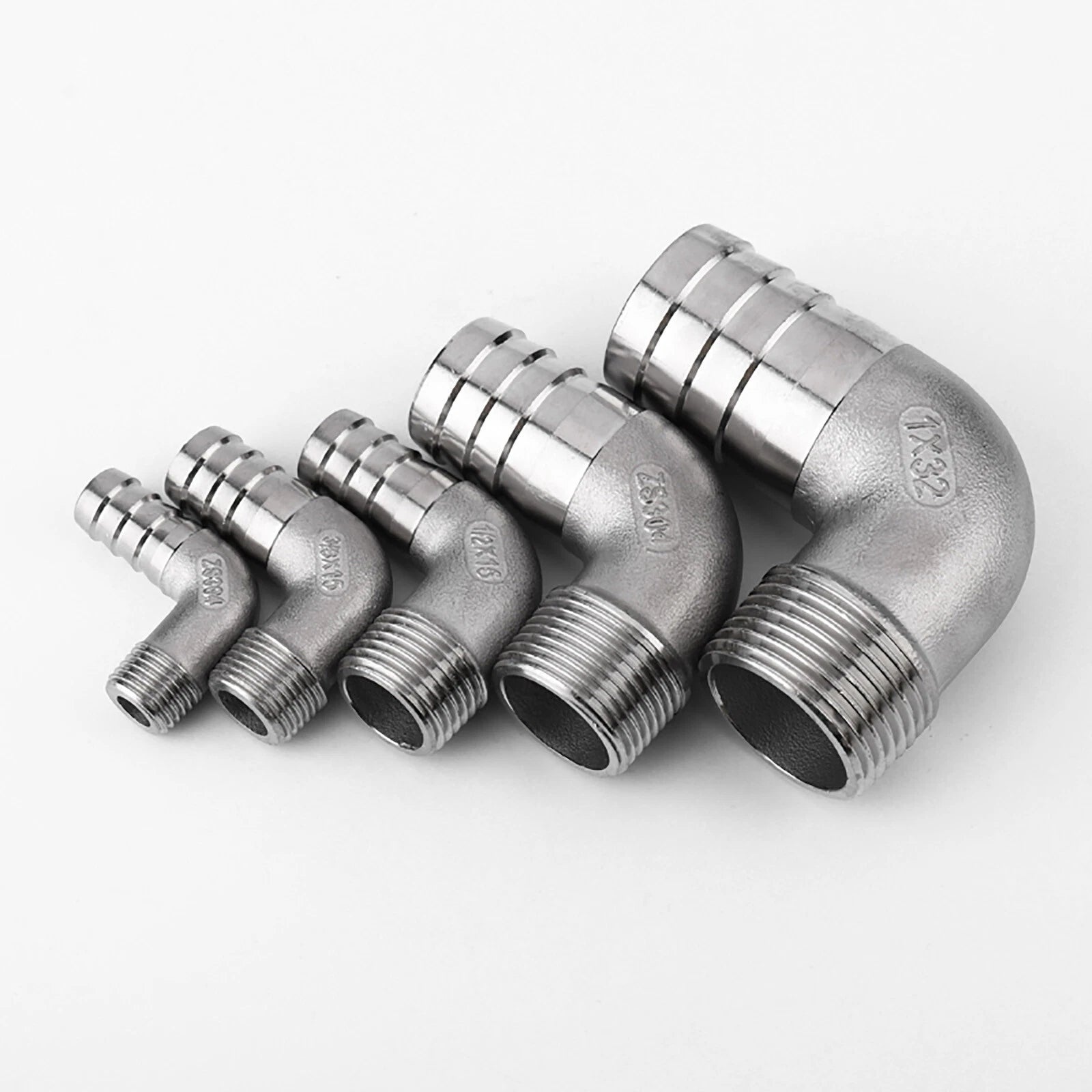 304 Stainless Steel BSP Male Thread 90° Elbow Hose Barb Connector — 1/4" to 1-1/4"