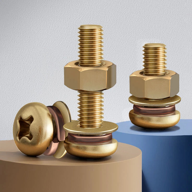 Brass Phillips Pan Head Machine Screws with Hex Nuts & Washers — M3 M4 M5 M6 M8