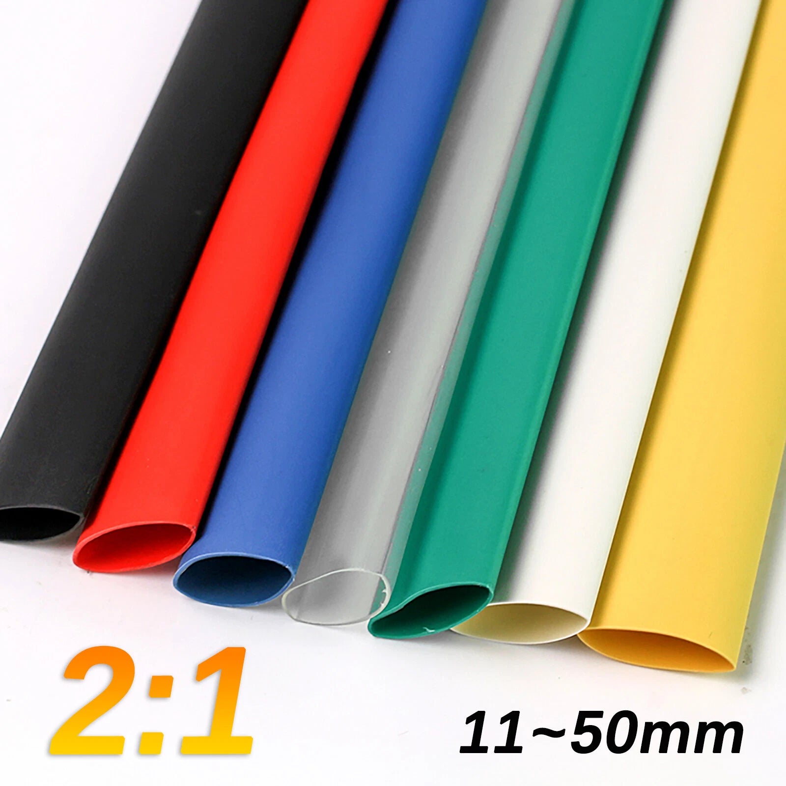 2:1 Heat Shrink Tubing — Electrical Wire Sleeving, 7 Colors, 11mm–50mm