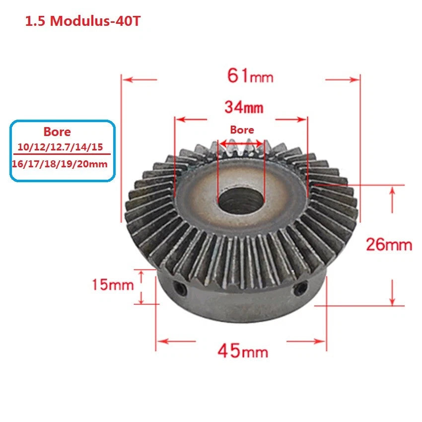 1.5 Modulus Metal Umbrella Gear 20/40T 90° 1:2 Pairing Bevel Gear Bore 8-20mm
