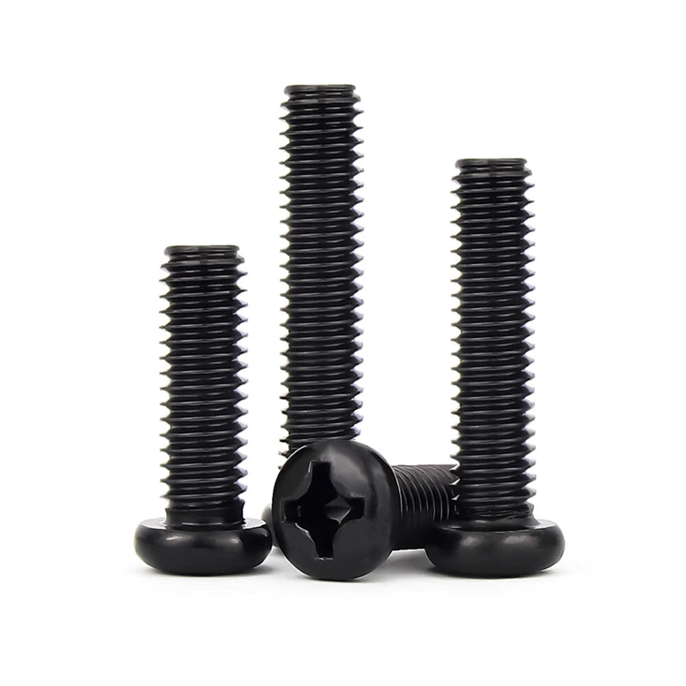 Black Phillips Pan Head Machine Screws – Carbon Steel Nickel Plated, M1 to M8 (2–50mm Lengths)