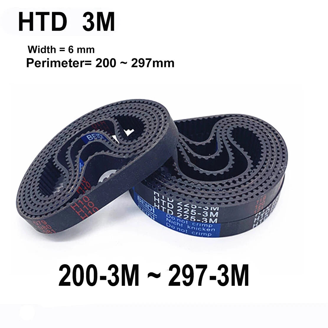 HTD 3M Timing Belt 6mm Wide — Perimeter 201mm to 297mm Closed Loop Drive Belt