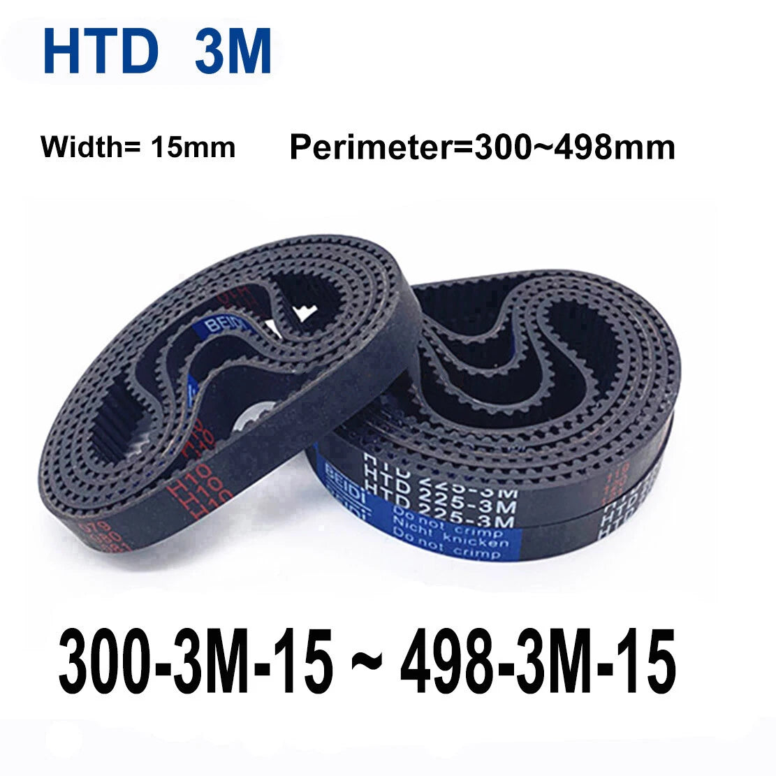 HTD 3M Closed Timing Belt – 15mm Wide, 300mm–498mm Circumference, Arc Tooth Rubber Drive Belt