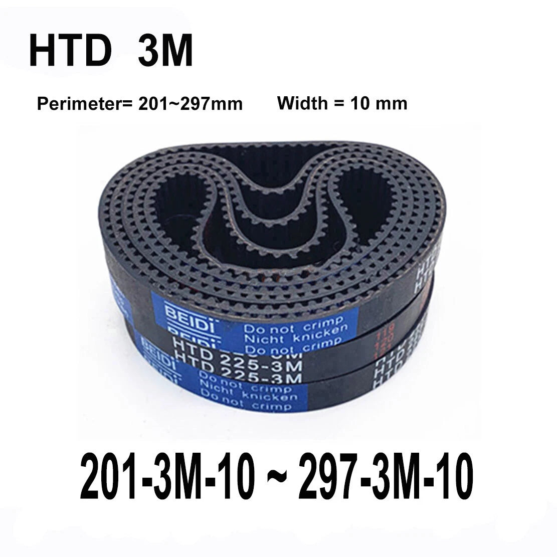 HTD 3M Timing Belt — 10 mm Wide, 201–297 mm Perimeter, Closed Loop Synchronous Belt