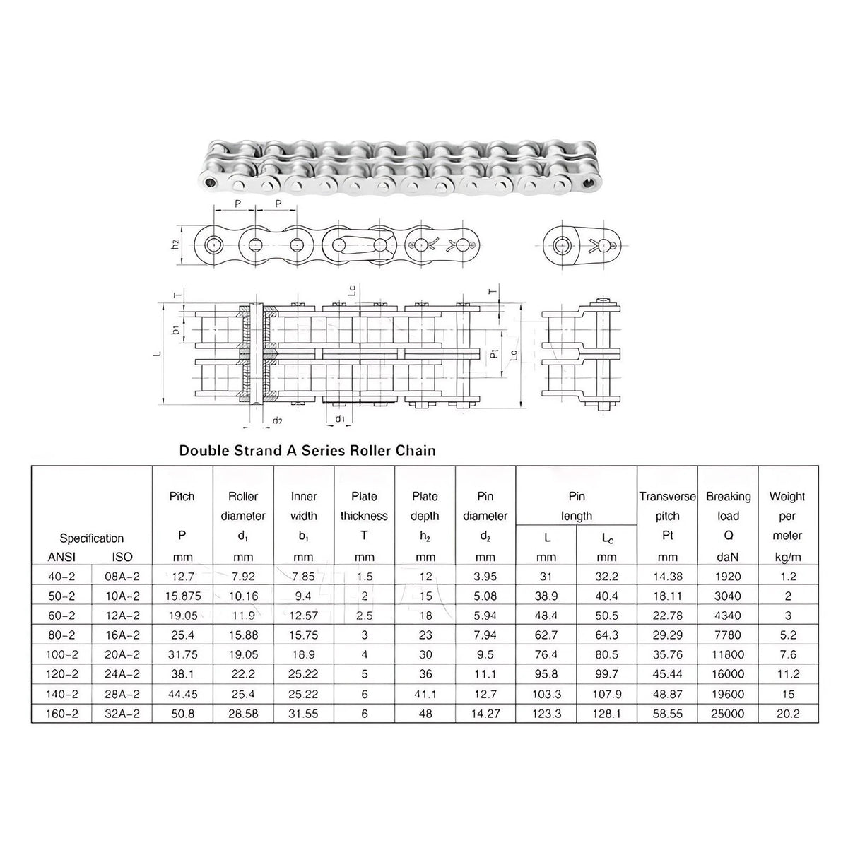 DUPLEX ROLLER CHAIN 06/08B 08A-24A X 1.524 METRE LENGTHS A2/304 STAINLESS STEEL