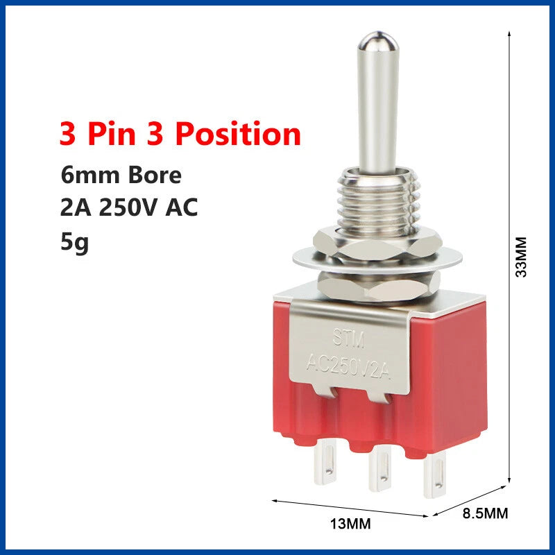 6mm Toggle Switch – SPST/SPDT, 3 & 6 Pin, 2 & 3 Position, 125V/250V, with Waterproof Cap Option